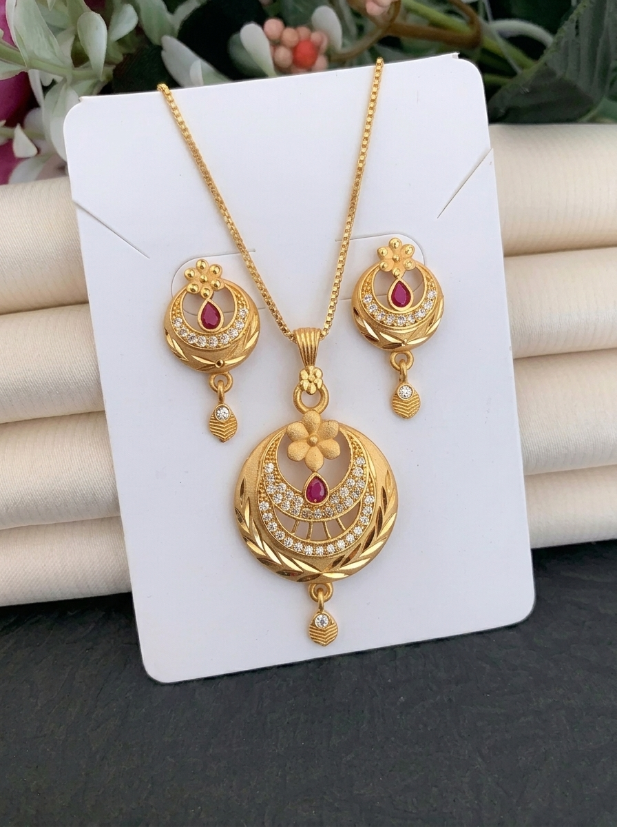 Round Floral Ruby Pendant Set