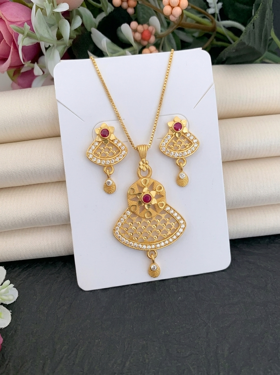 Fan Shape Floral Ruby Pendant Set