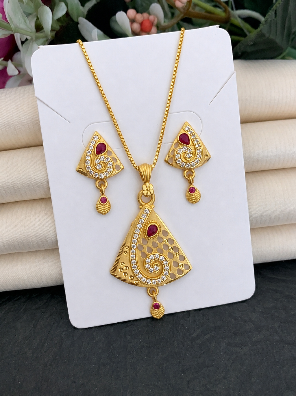 Triangle Swirl Ruby Pendant Set