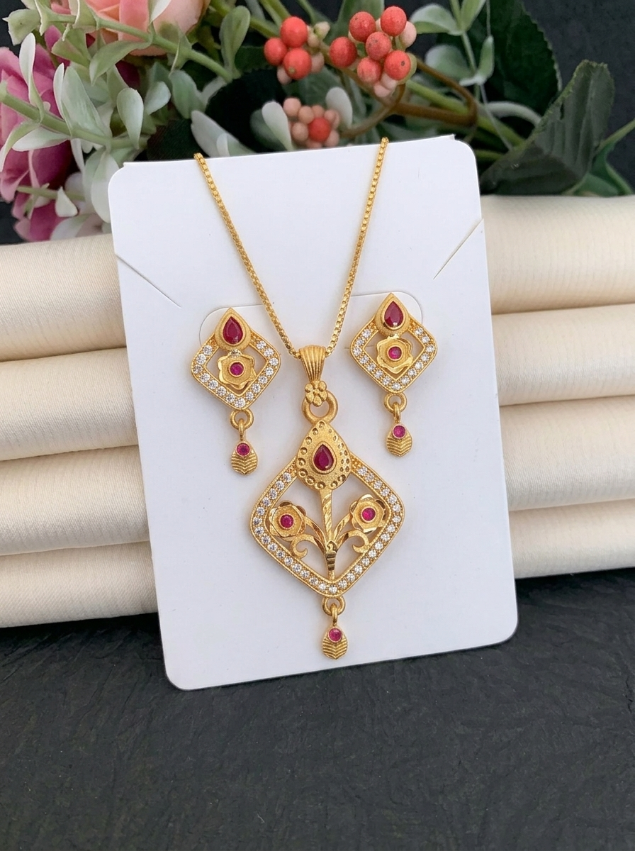 Diamond Floral Ruby Pendant Set