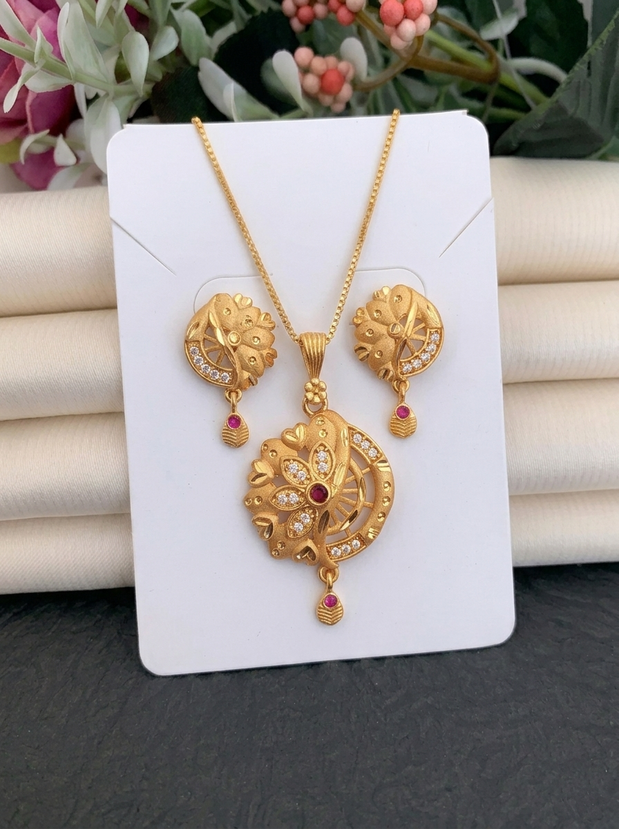 Half Moon Floral Ruby Pendant Set