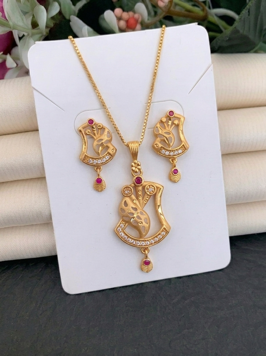 Curved Floral Ruby Pendant Set