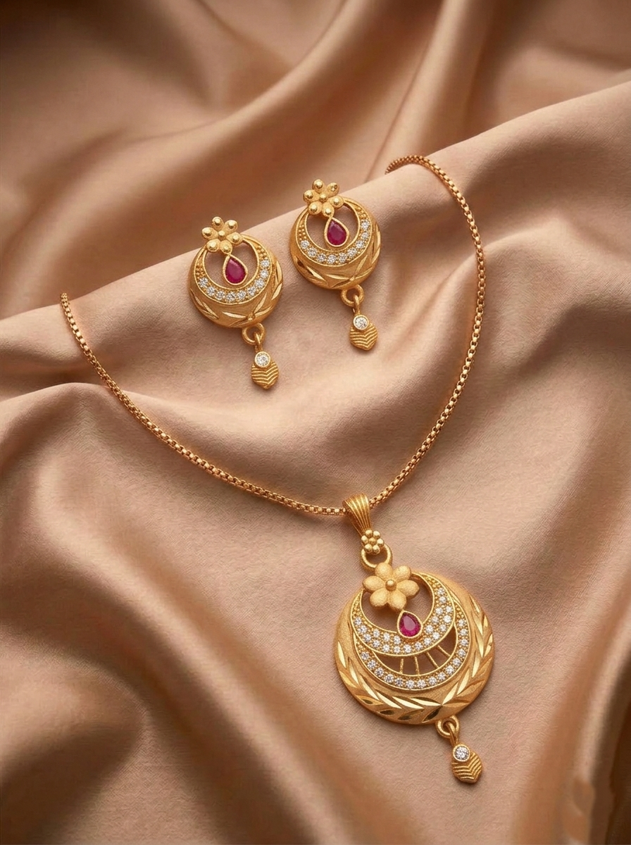 Round Floral Ruby Pendant Set