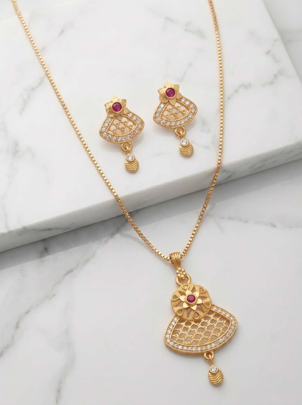 Fan Shape Floral Ruby Pendant Set