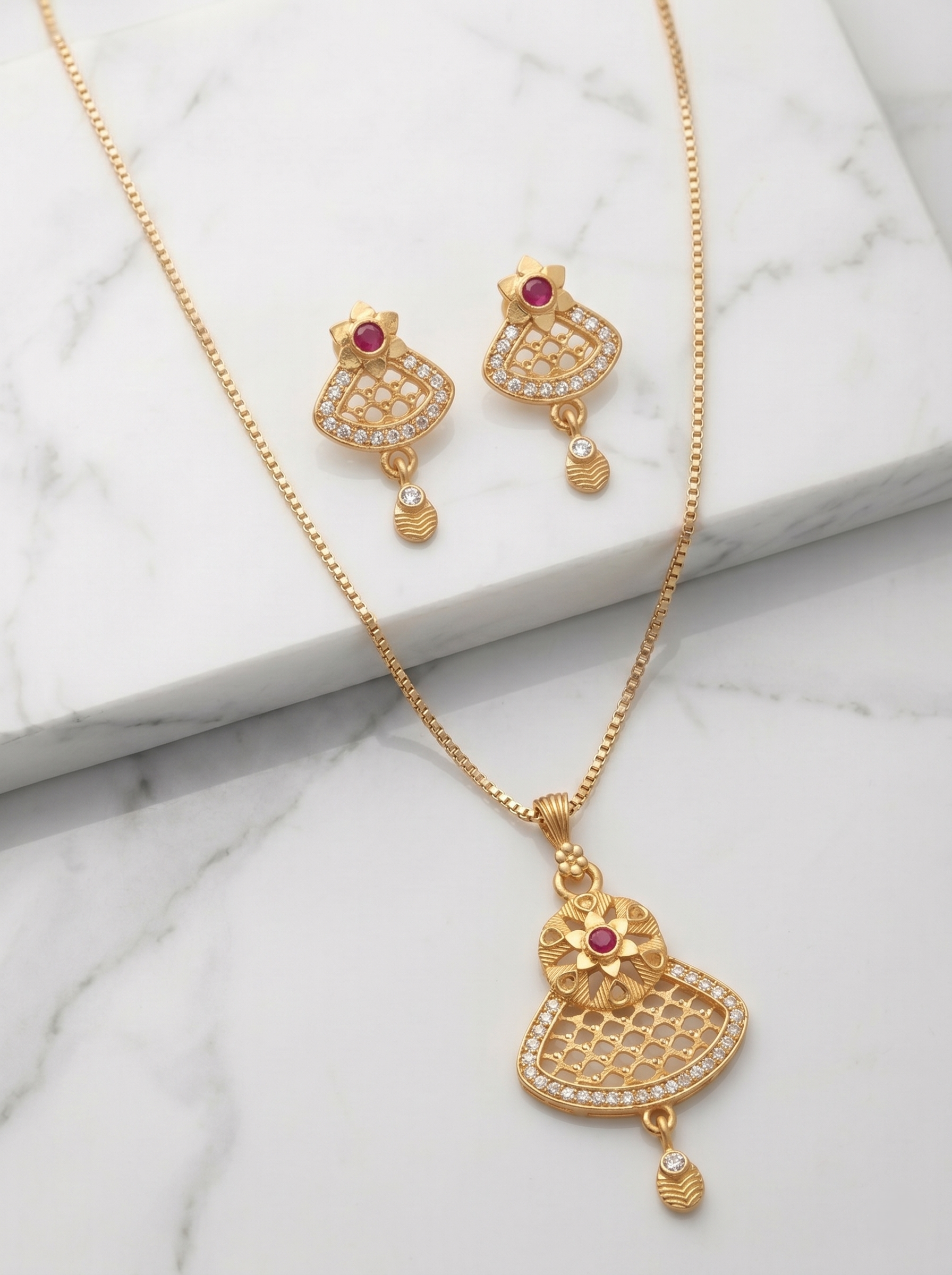 Fan Shape Floral Ruby Pendant Set
