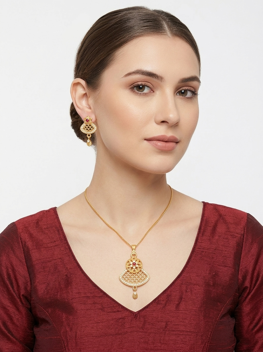 Fan Shape Floral Ruby Pendant Set