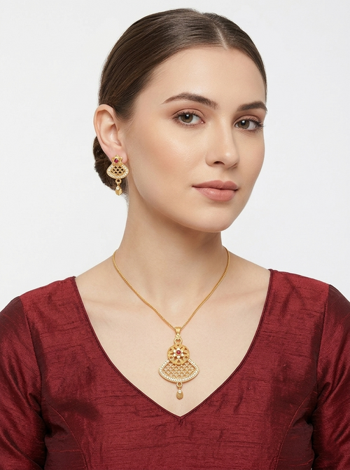 Fan Shape Floral Ruby Pendant Set