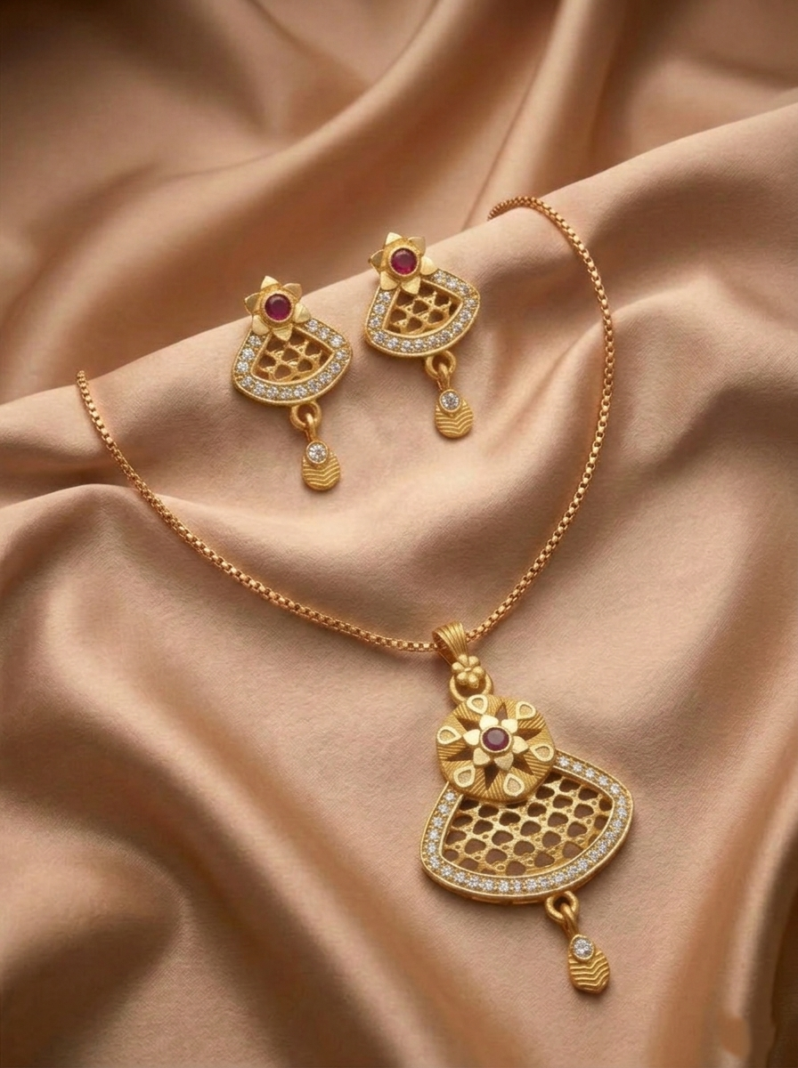 Fan Shape Floral Ruby Pendant Set