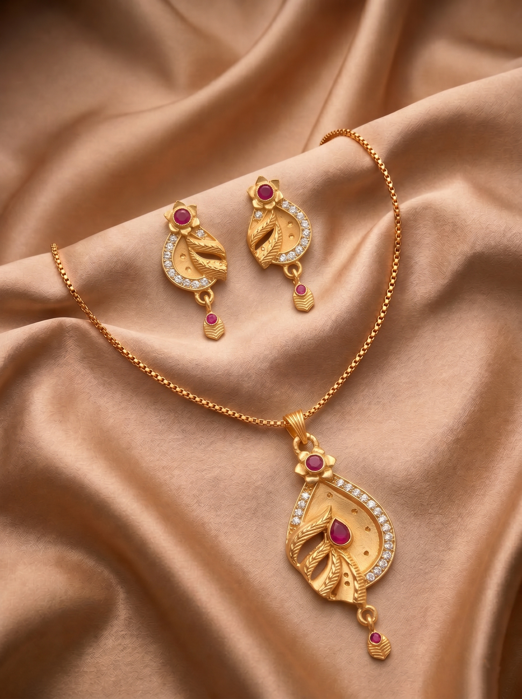 Teardrop Leaf Ruby Pendant Set