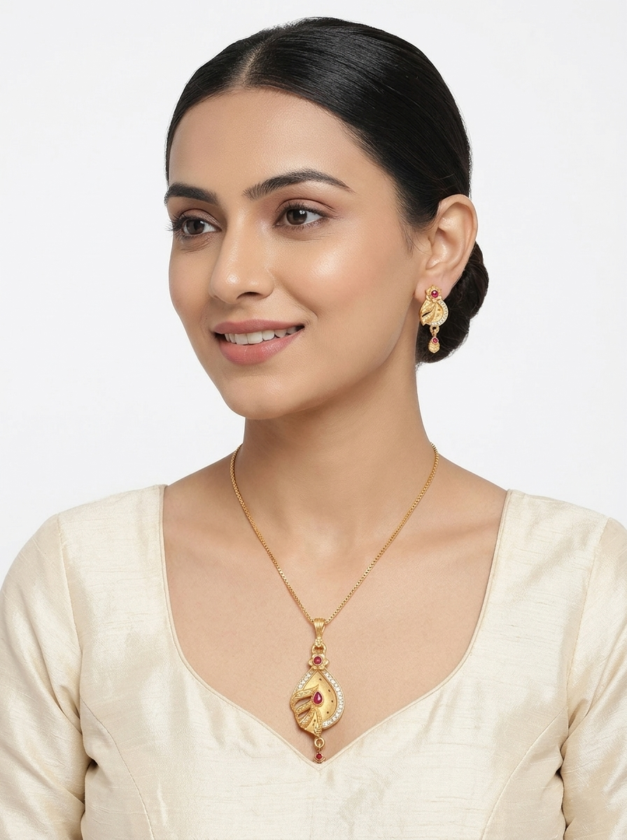 Teardrop Leaf Ruby Pendant Set