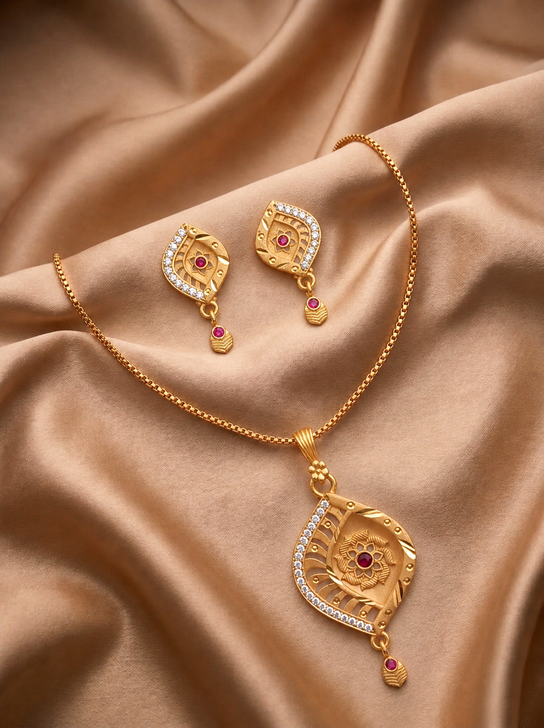 Diamond Shape Ruby Stone Pendant Set