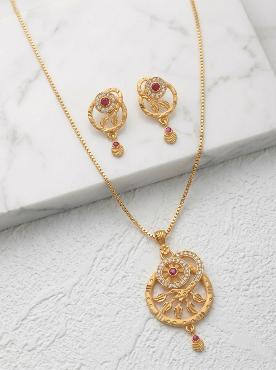 Round Floral Ruby Pendant Set