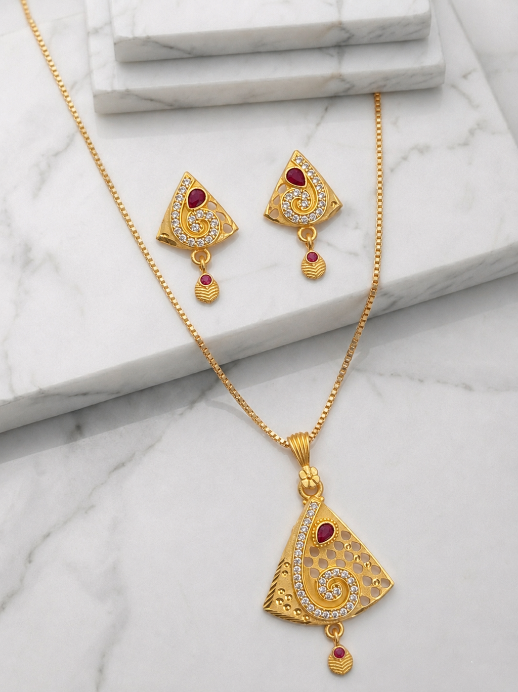 Triangle Swirl Ruby Pendant Set