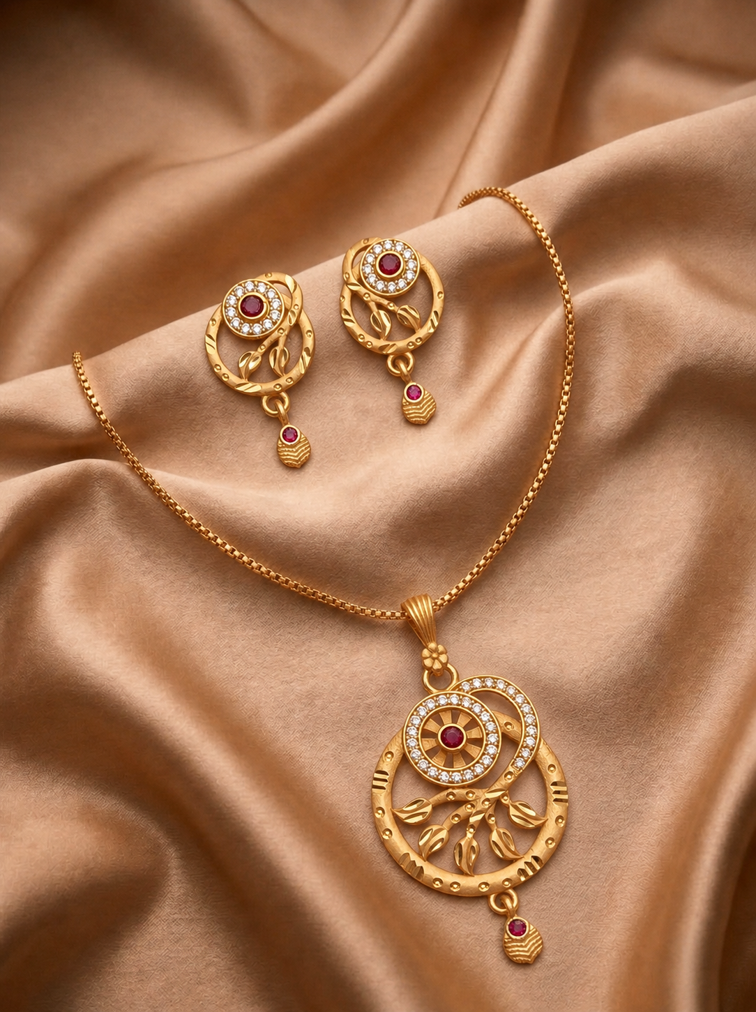Round Floral Ruby Pendant Set
