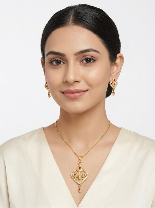 Diamond Floral Ruby Pendant Set