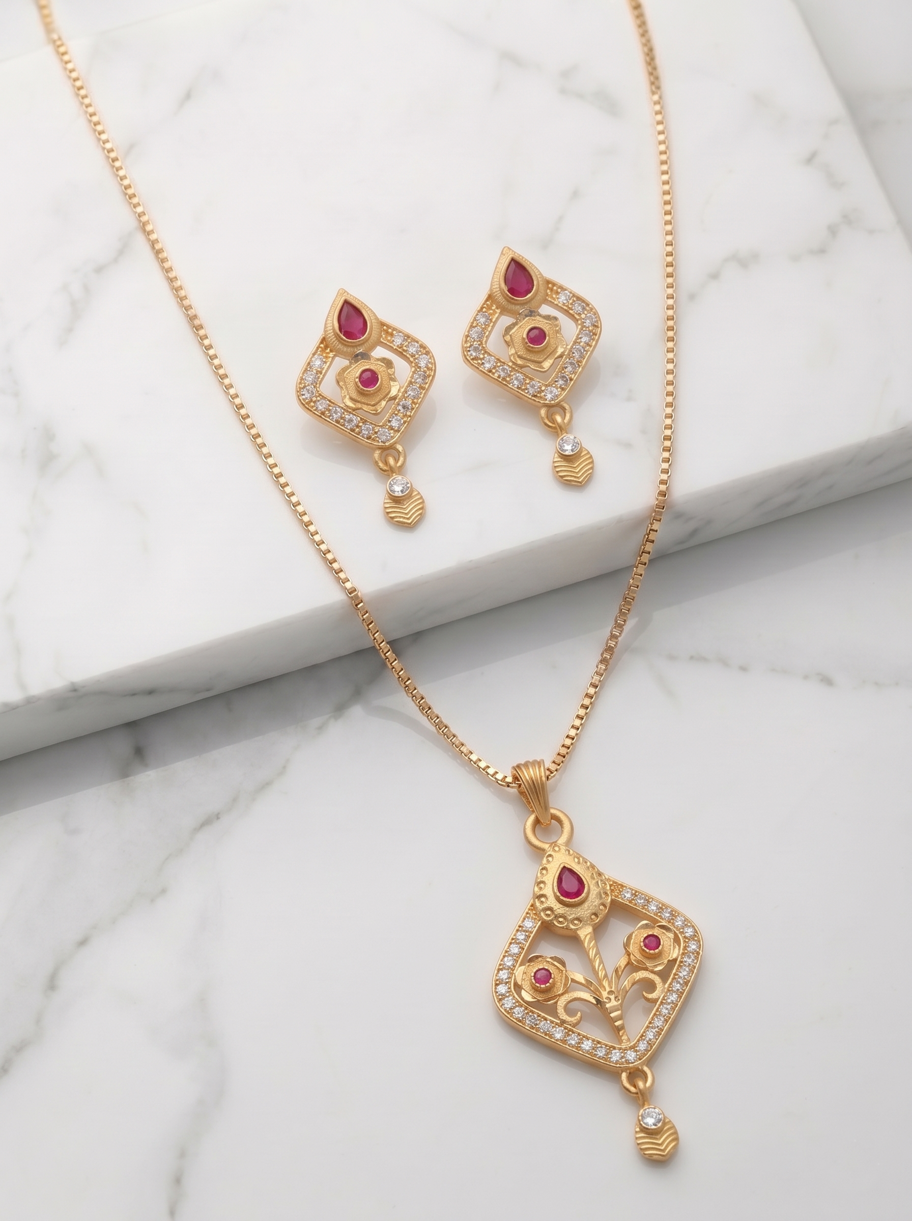 Diamond Floral Ruby Pendant Set