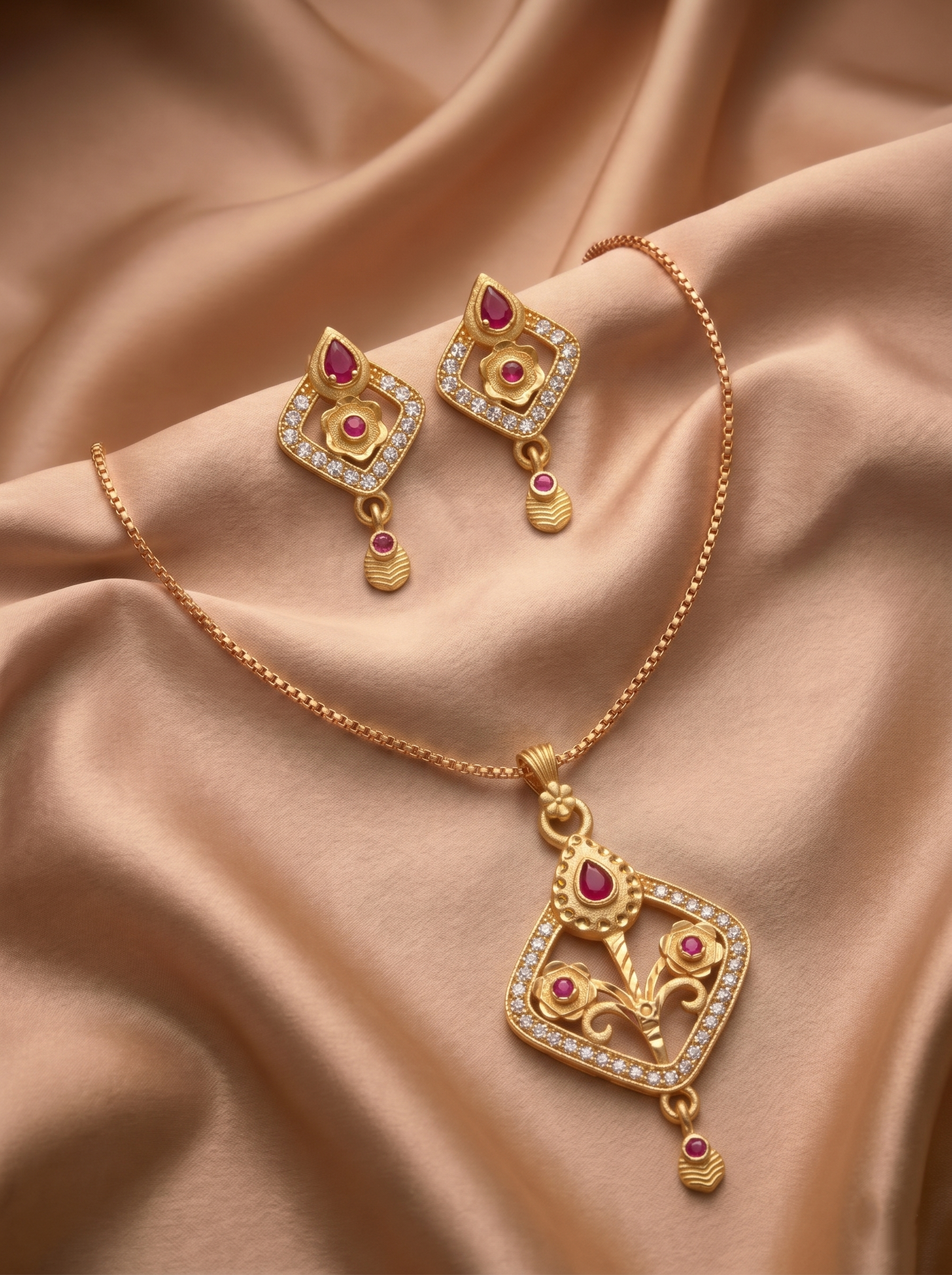 Diamond Floral Ruby Pendant Set