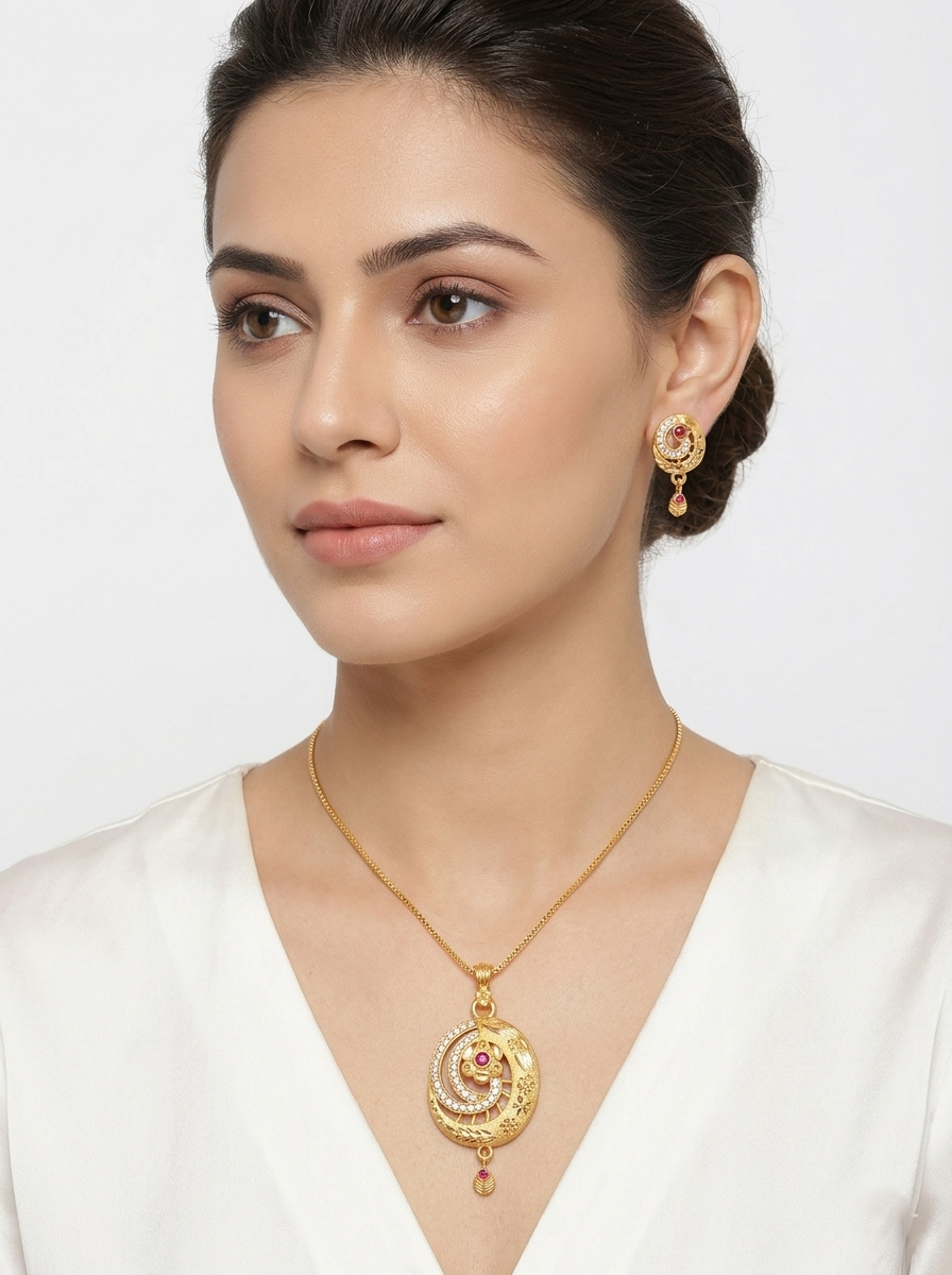 Oval Floral Ruby Pendant Set