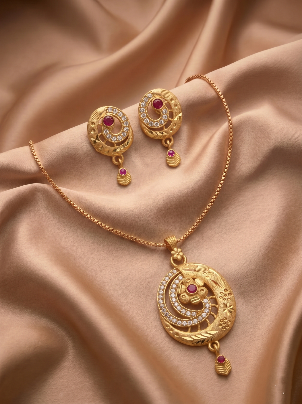 Oval Floral Ruby Pendant Set