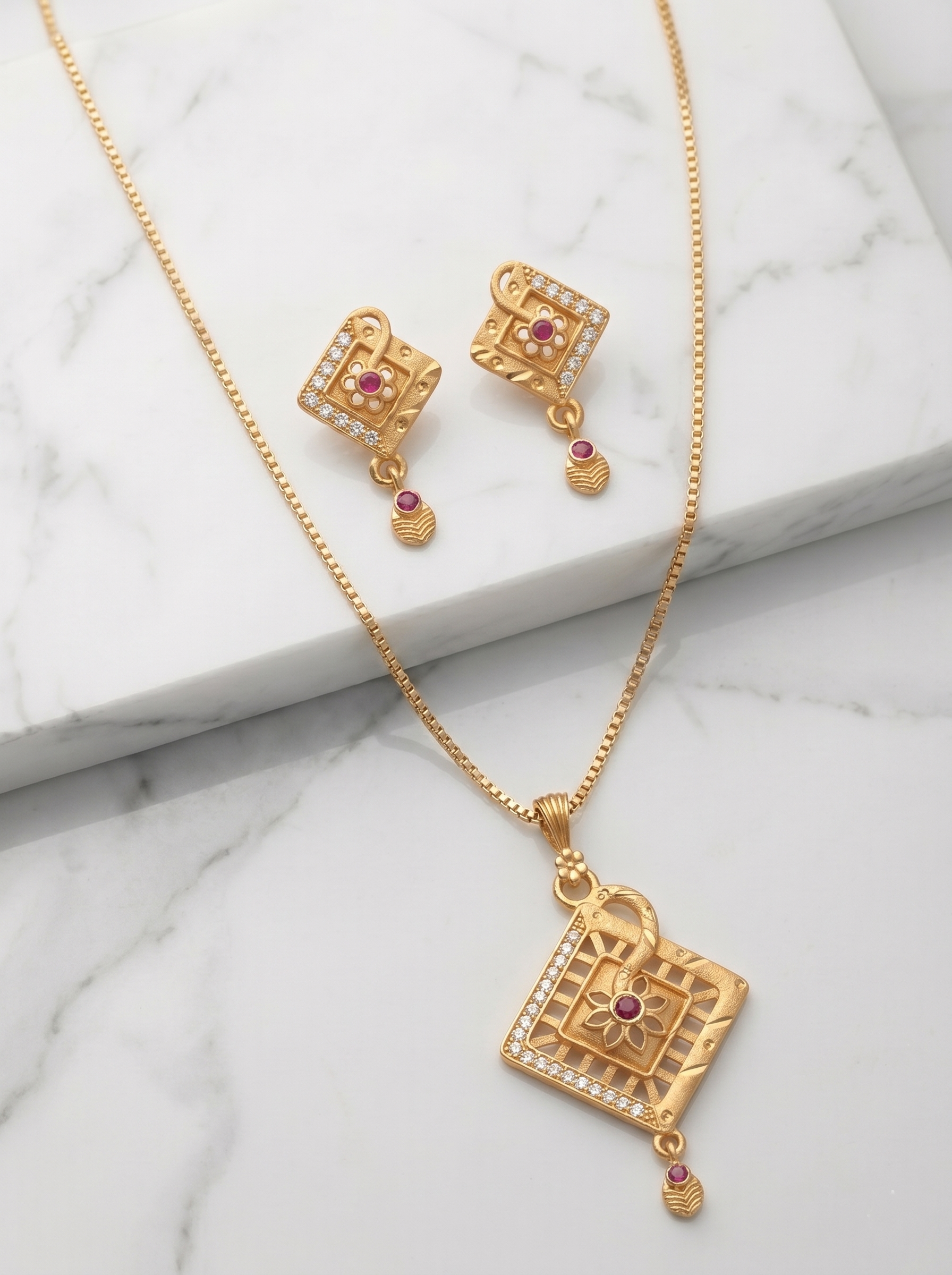 Square Floral Ruby Pendant Set