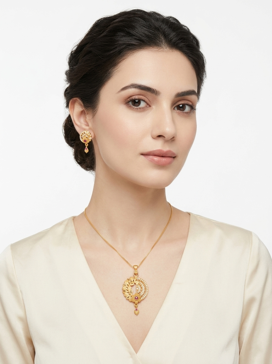 Half Moon Floral Ruby Pendant Set