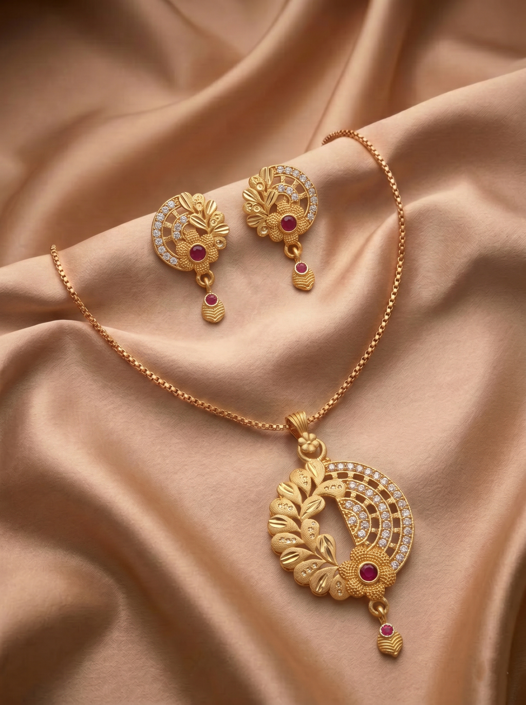 Half Moon Floral Ruby Pendant Set