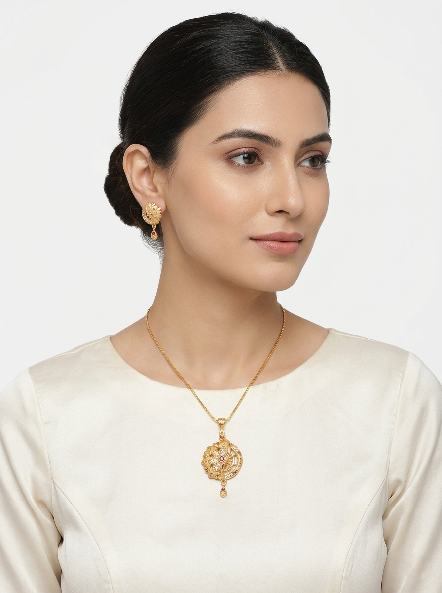Half Moon Floral Ruby Pendant Set