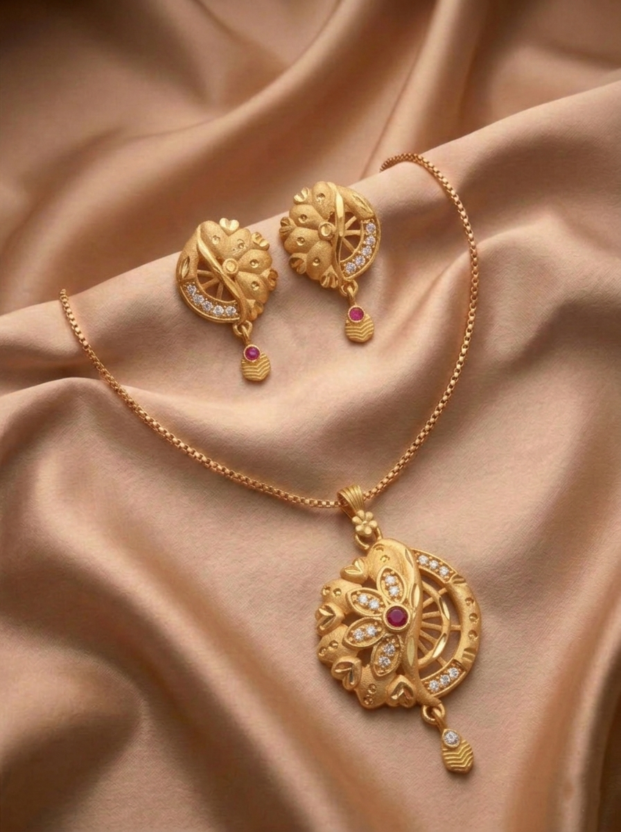 Half Moon Floral Ruby Pendant Set