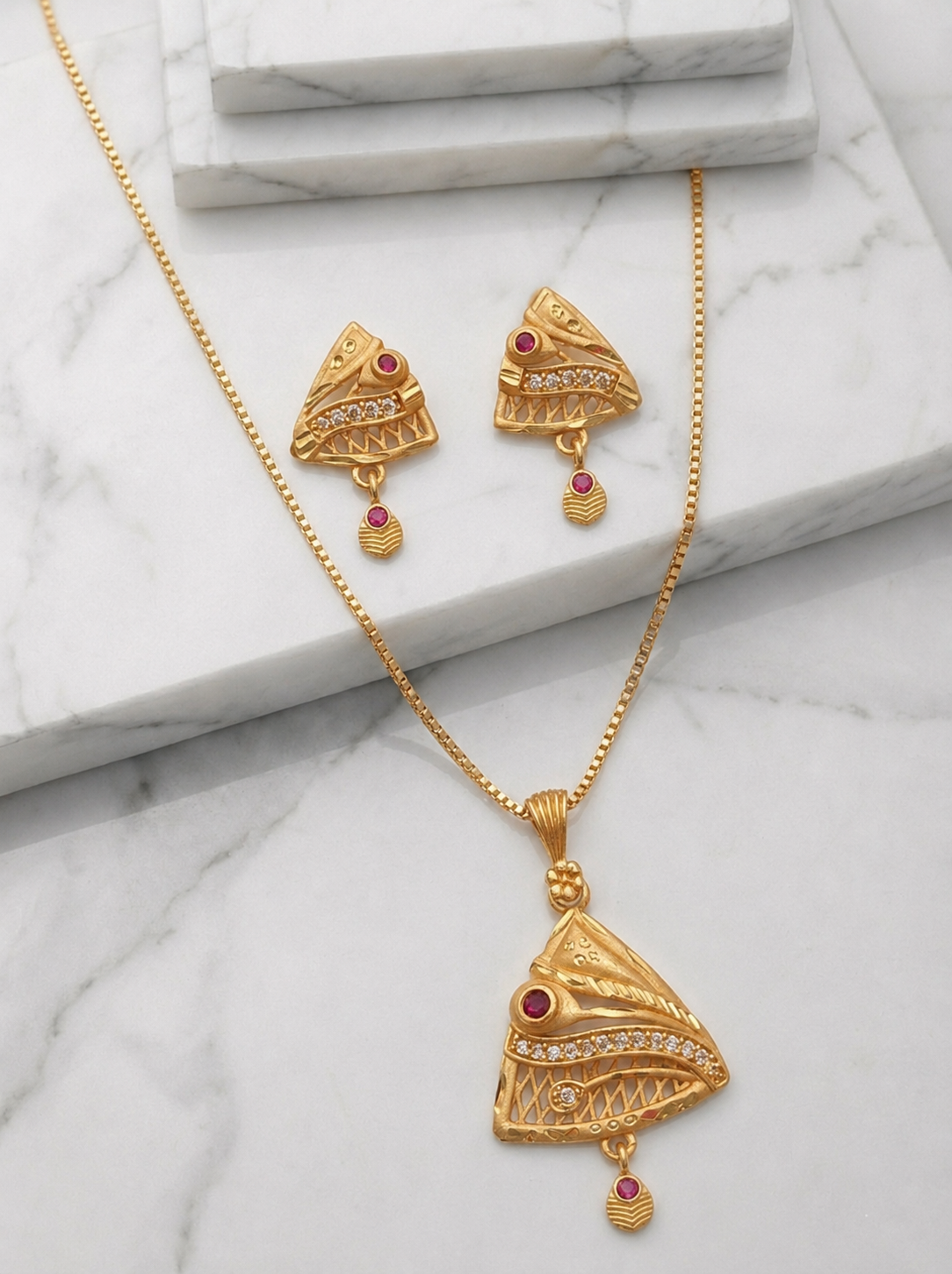 Triangle Ruby Pendant Set