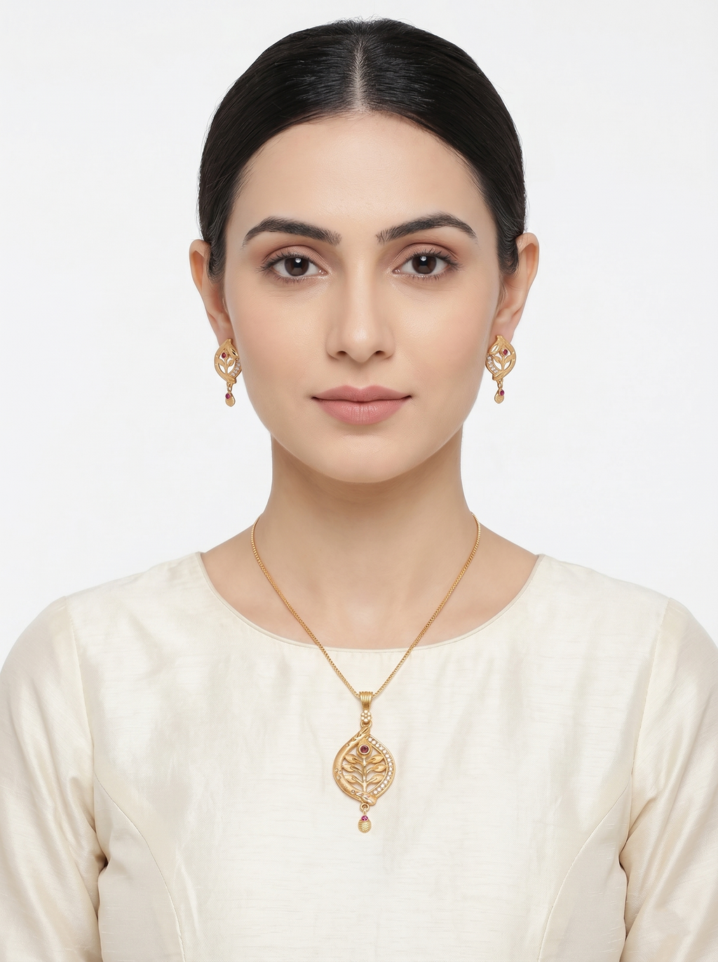 Leaf Shape Ruby Pendant Set