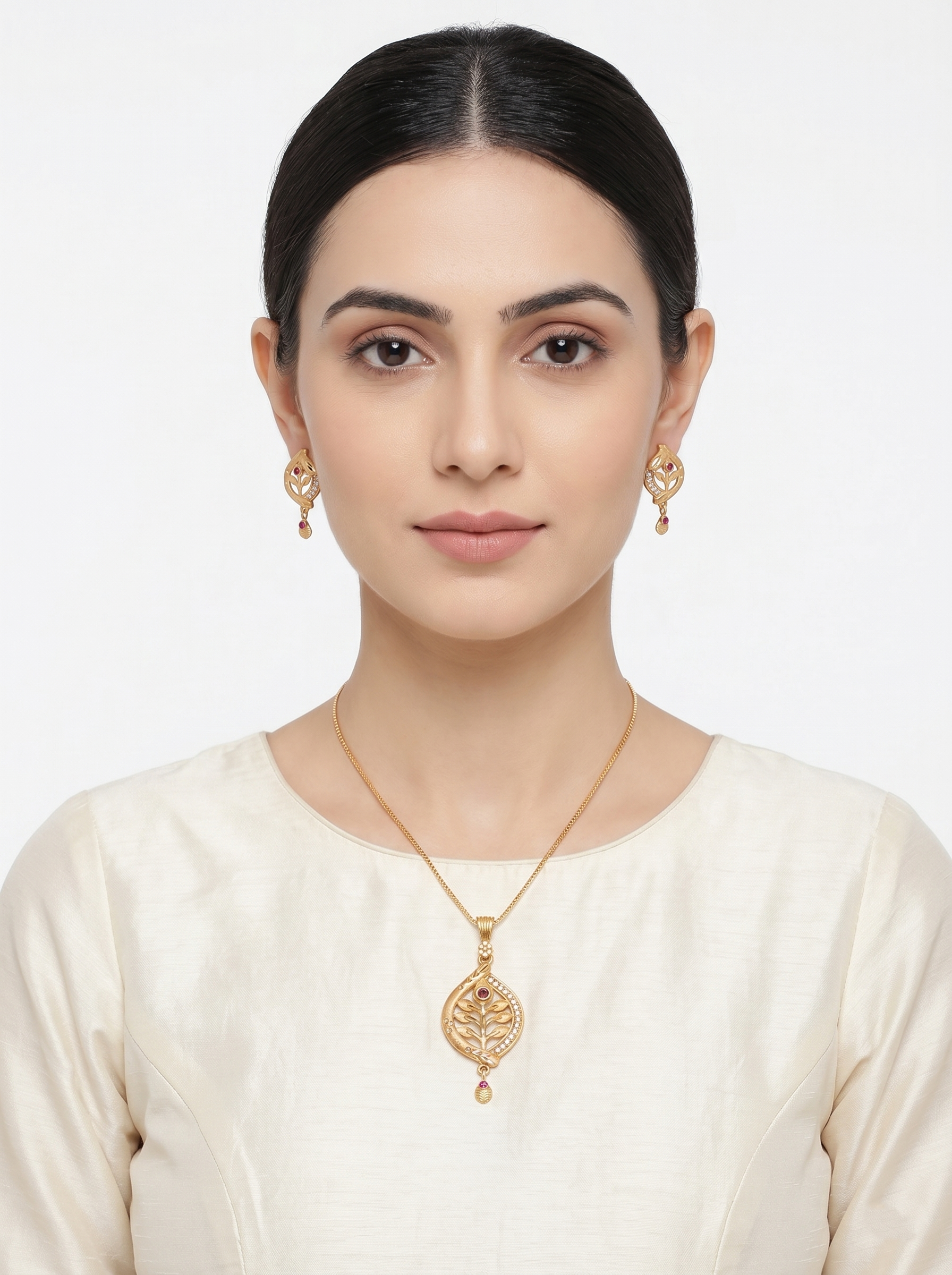Leaf Shape Ruby Pendant Set