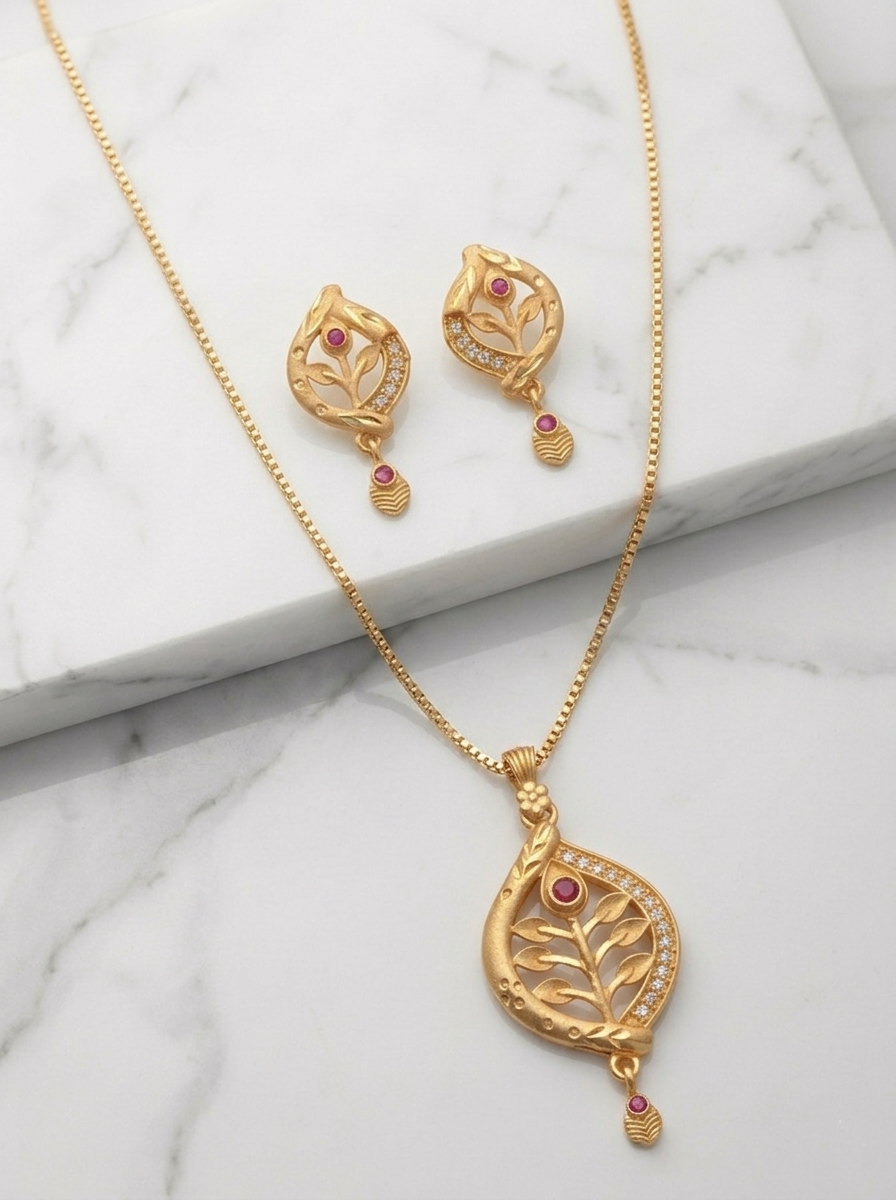 Leaf Shape Ruby Pendant Set