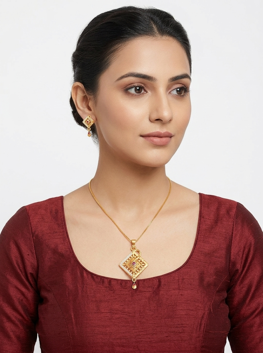 Square Floral Ruby Pendant Set