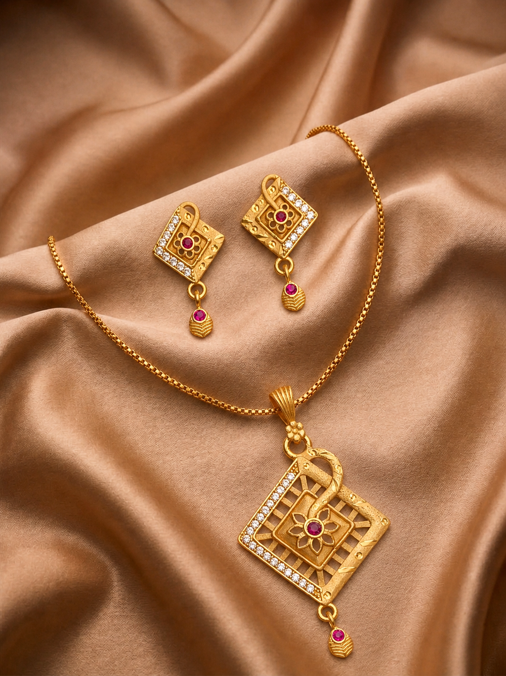 Square Floral Ruby Pendant Set