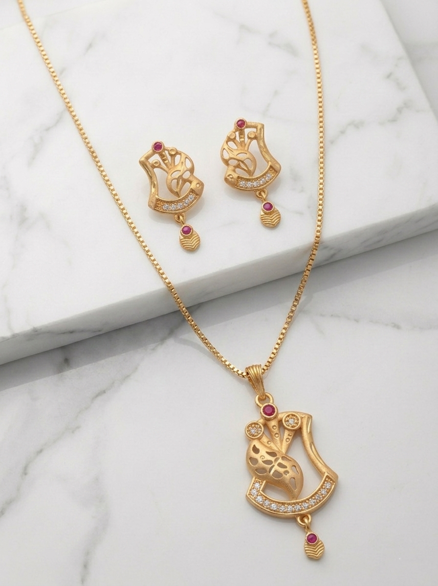 Curved Floral Ruby Pendant Set