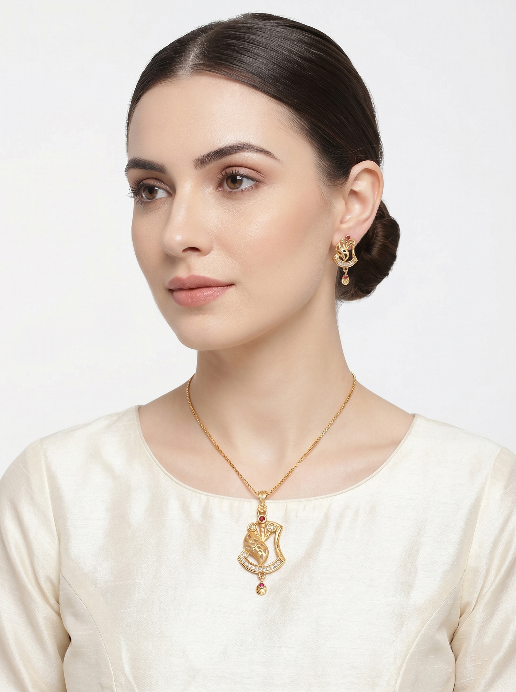 Curved Floral Ruby Pendant Set