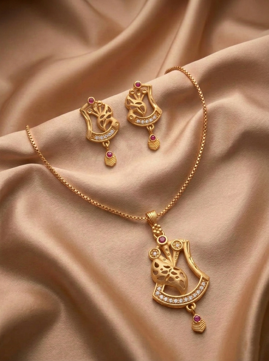 Curved Floral Ruby Pendant Set