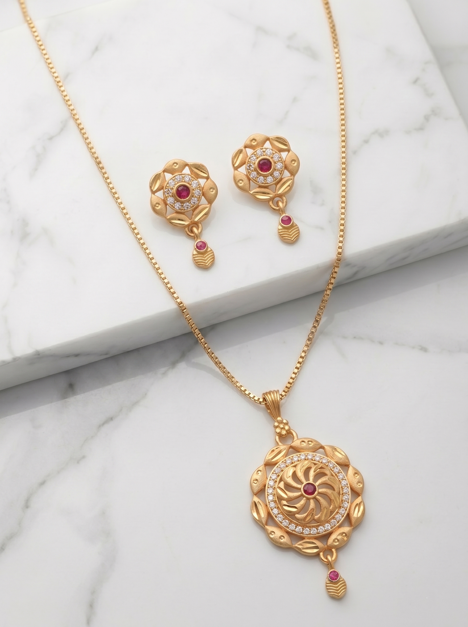 Round Floral Ruby Pendant Set