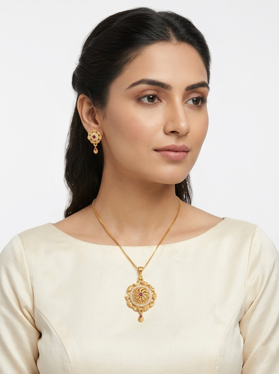 Round Floral Ruby Pendant Set