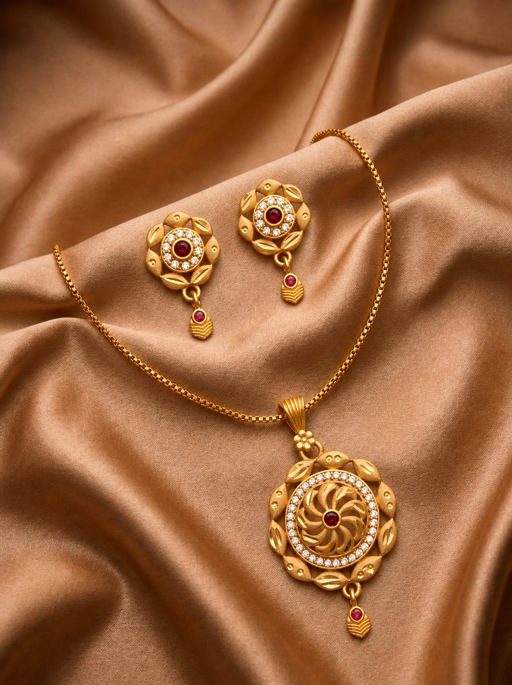 Round Floral Ruby Pendant Set