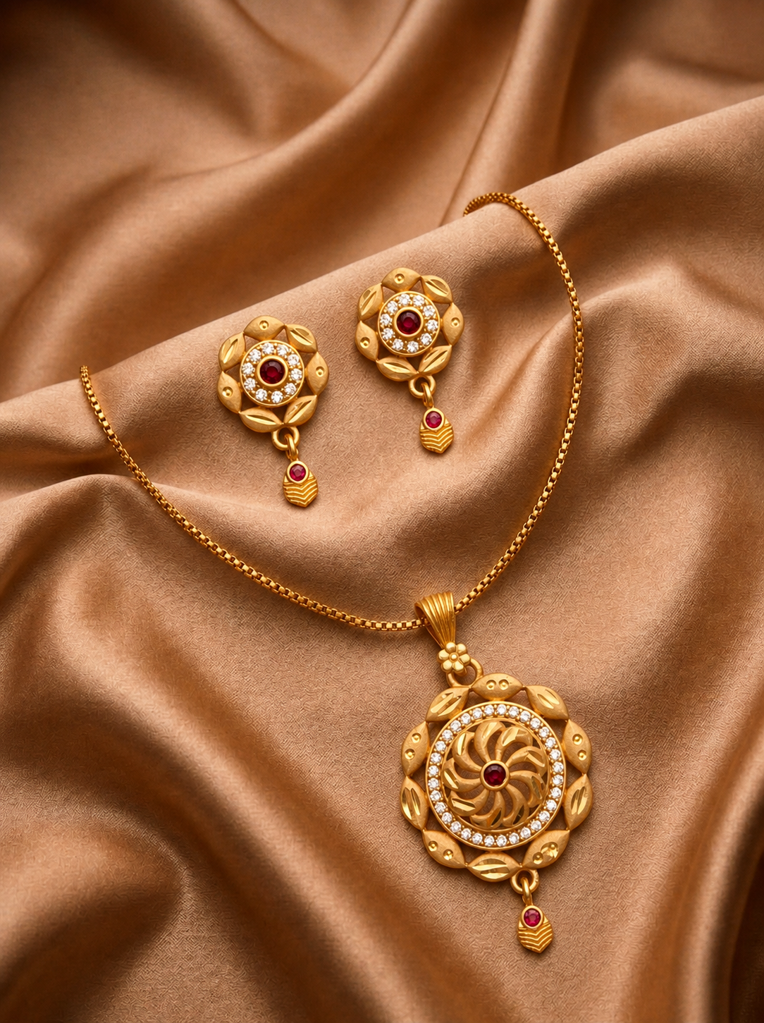 Round Floral Ruby Pendant Set