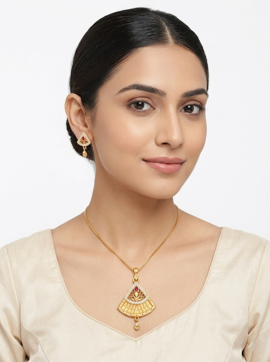 Fan Shape Ruby Pendant Set