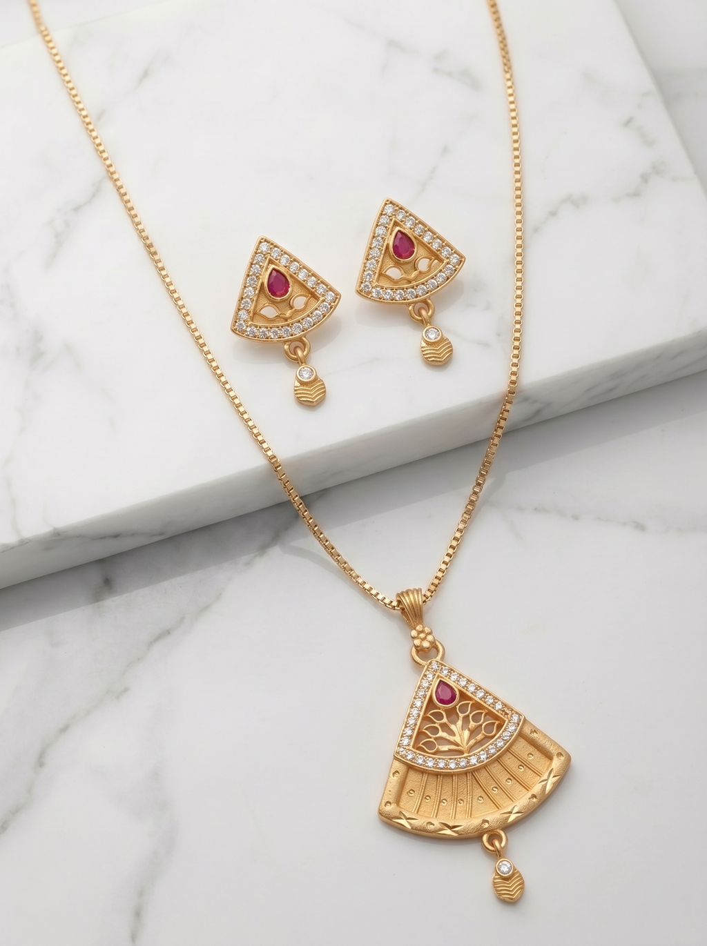 Fan Shape Ruby Pendant Set