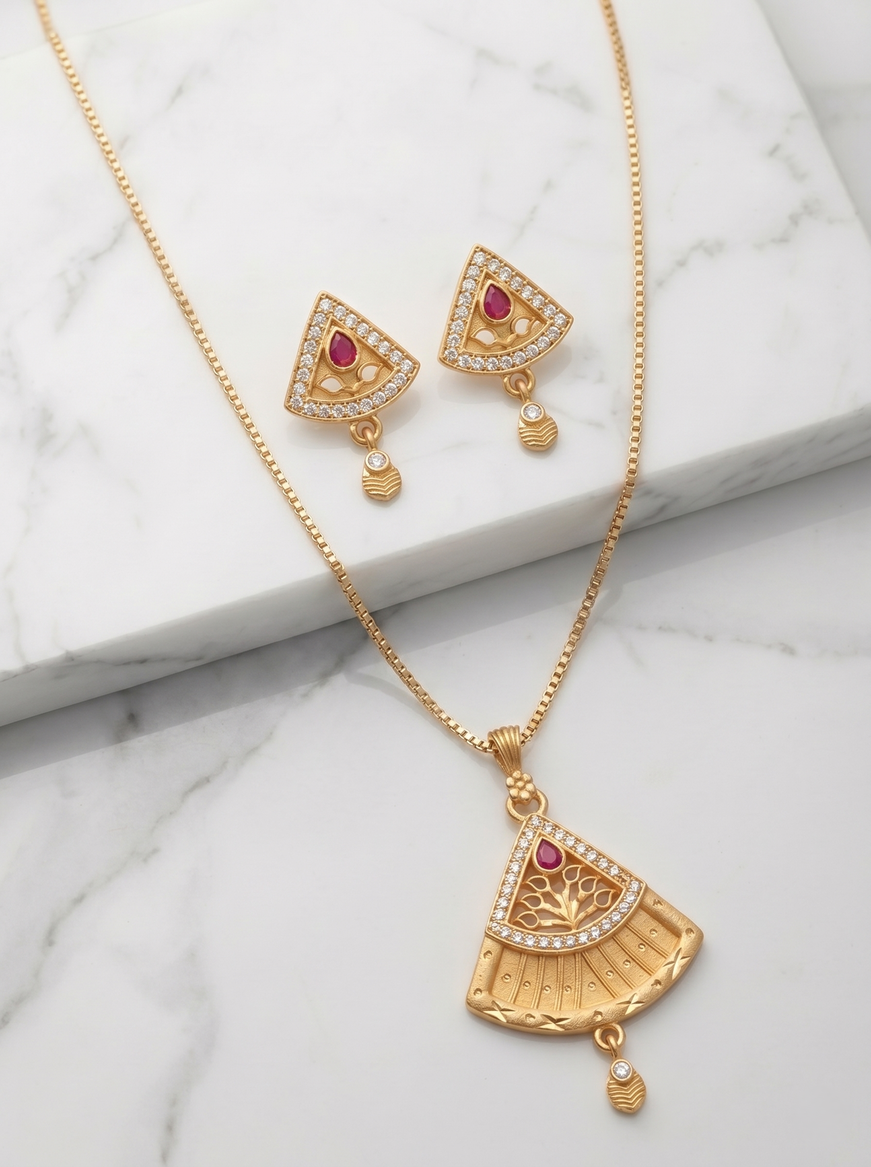 Fan Shape Ruby Pendant Set